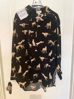 Dressed in LALA Black Button-Down Shirt with Gold Leopard Print